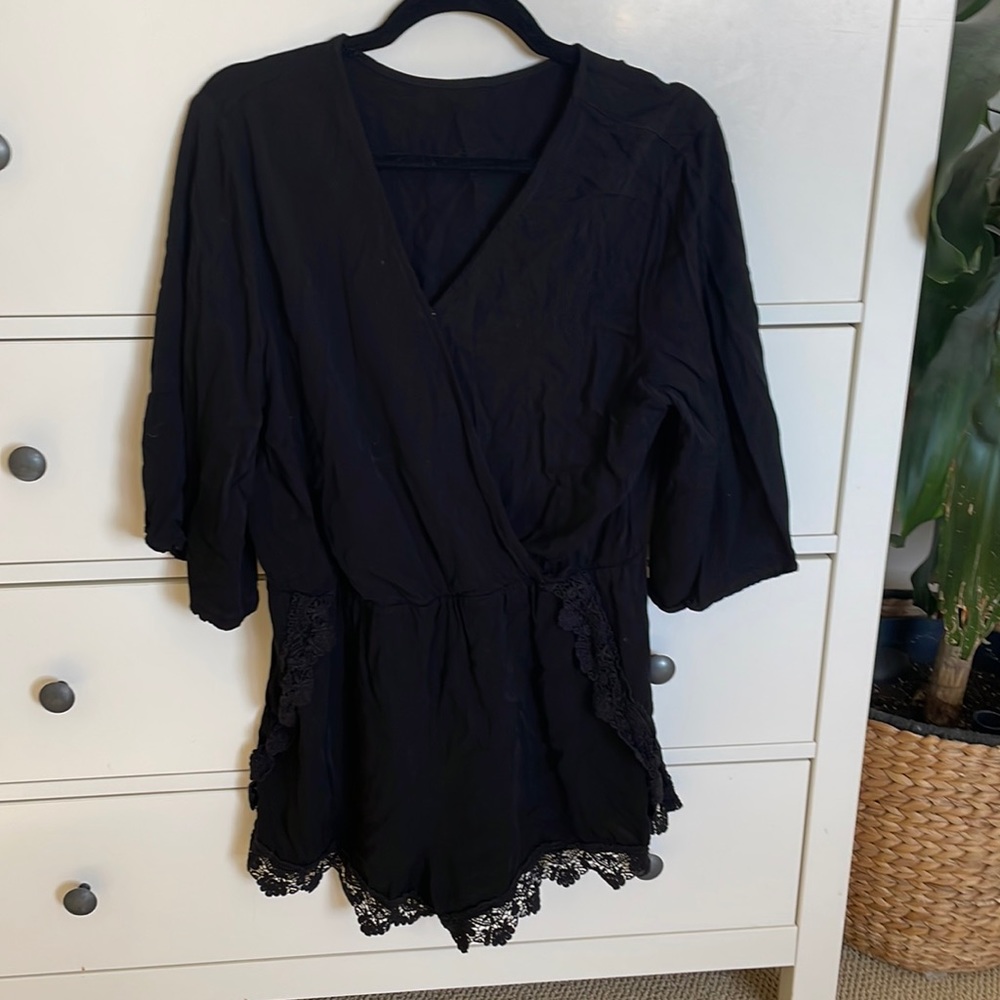 Black romper-lace trim 3/4 sleeve
